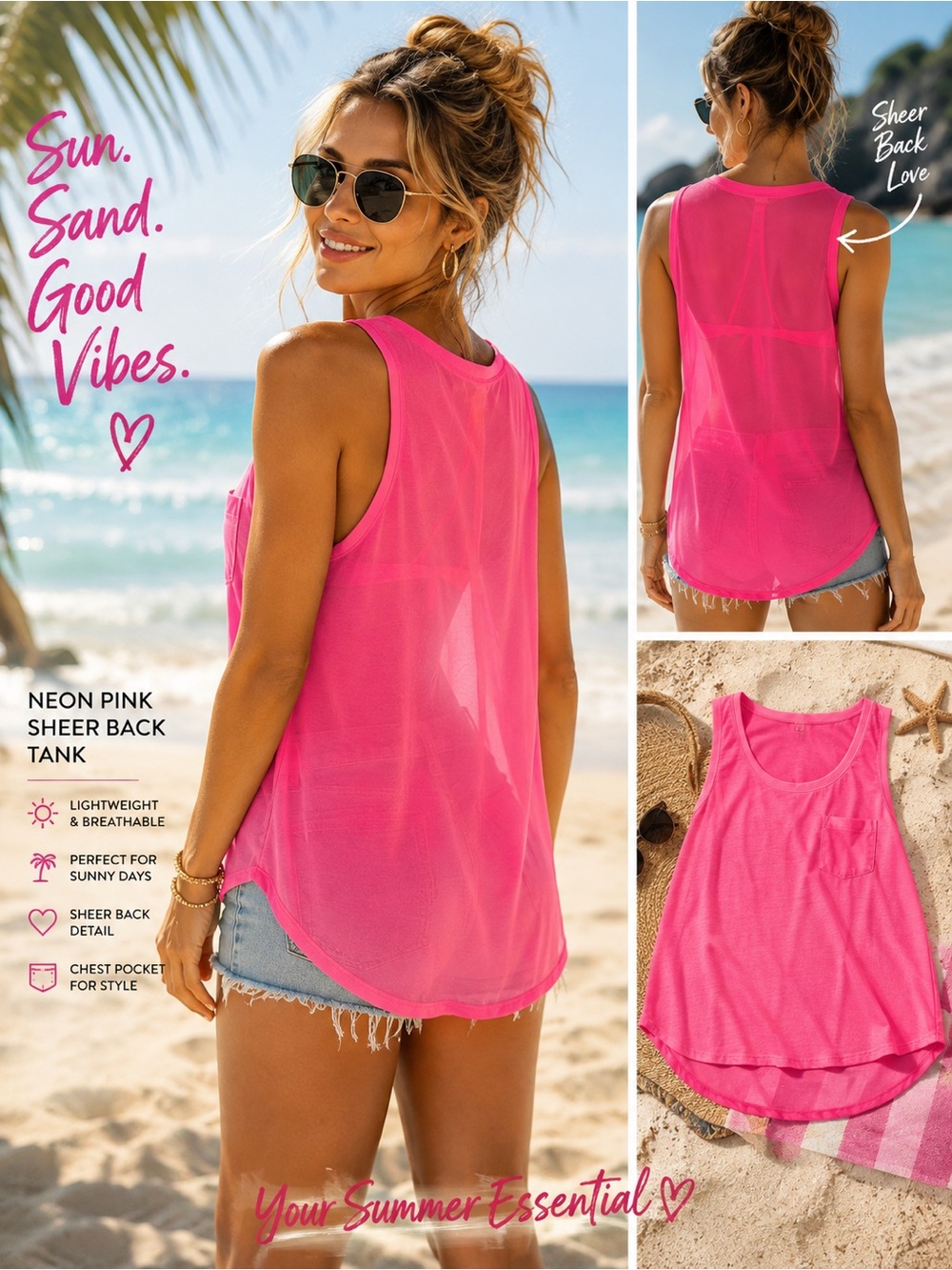 2 / $10 H&M Neon Pink Scoop Neck Tank with Chest Pocket Sheer Back